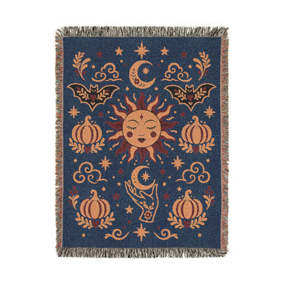 The "Cosmic Overcommitment" Whimsigoth Celestial Woven Blanket | Sun & Moon Tapestry Throw