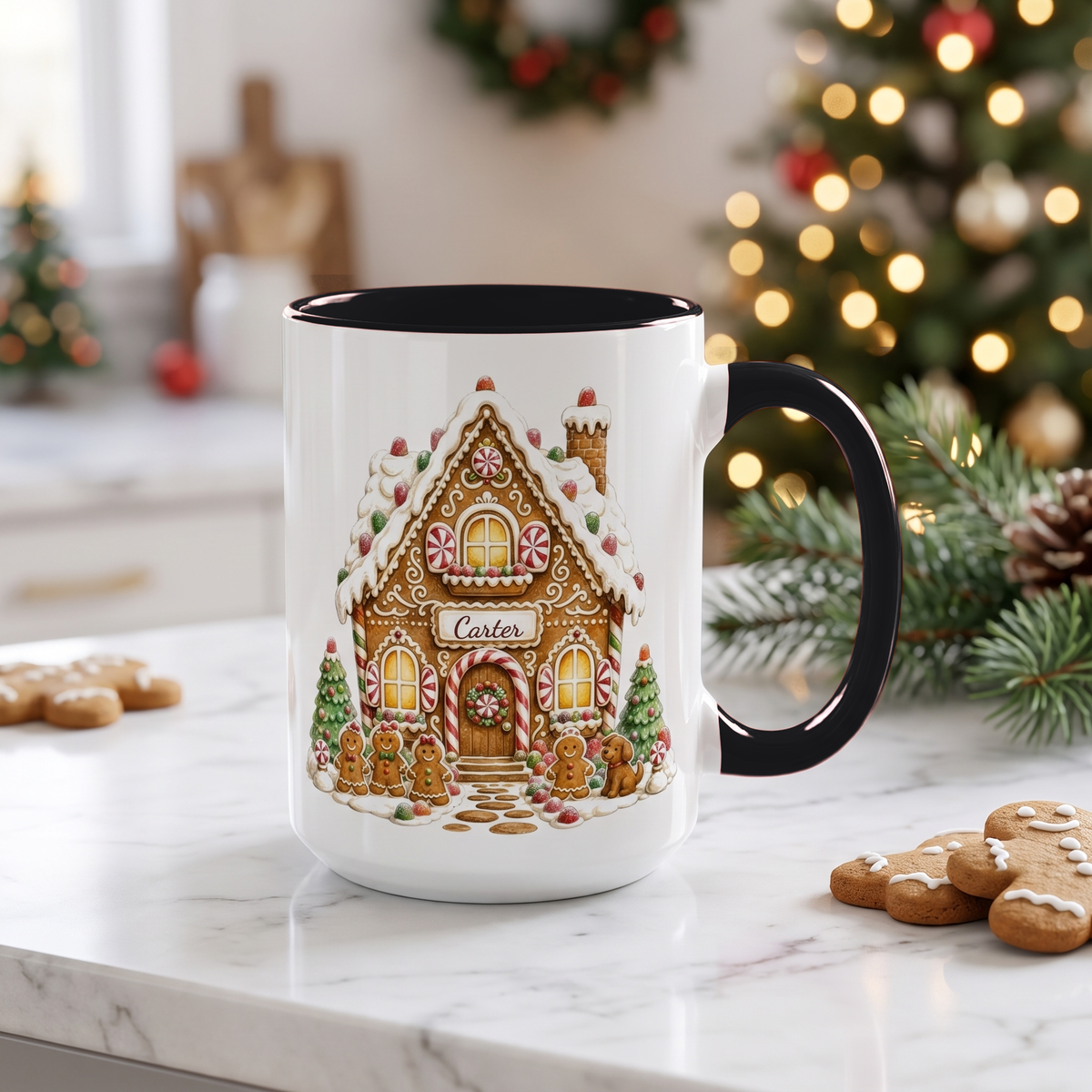 Personalized gingerbread house mug with black handle