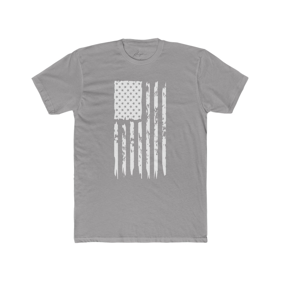 Distressed USA flag tee in light grey, flat on white