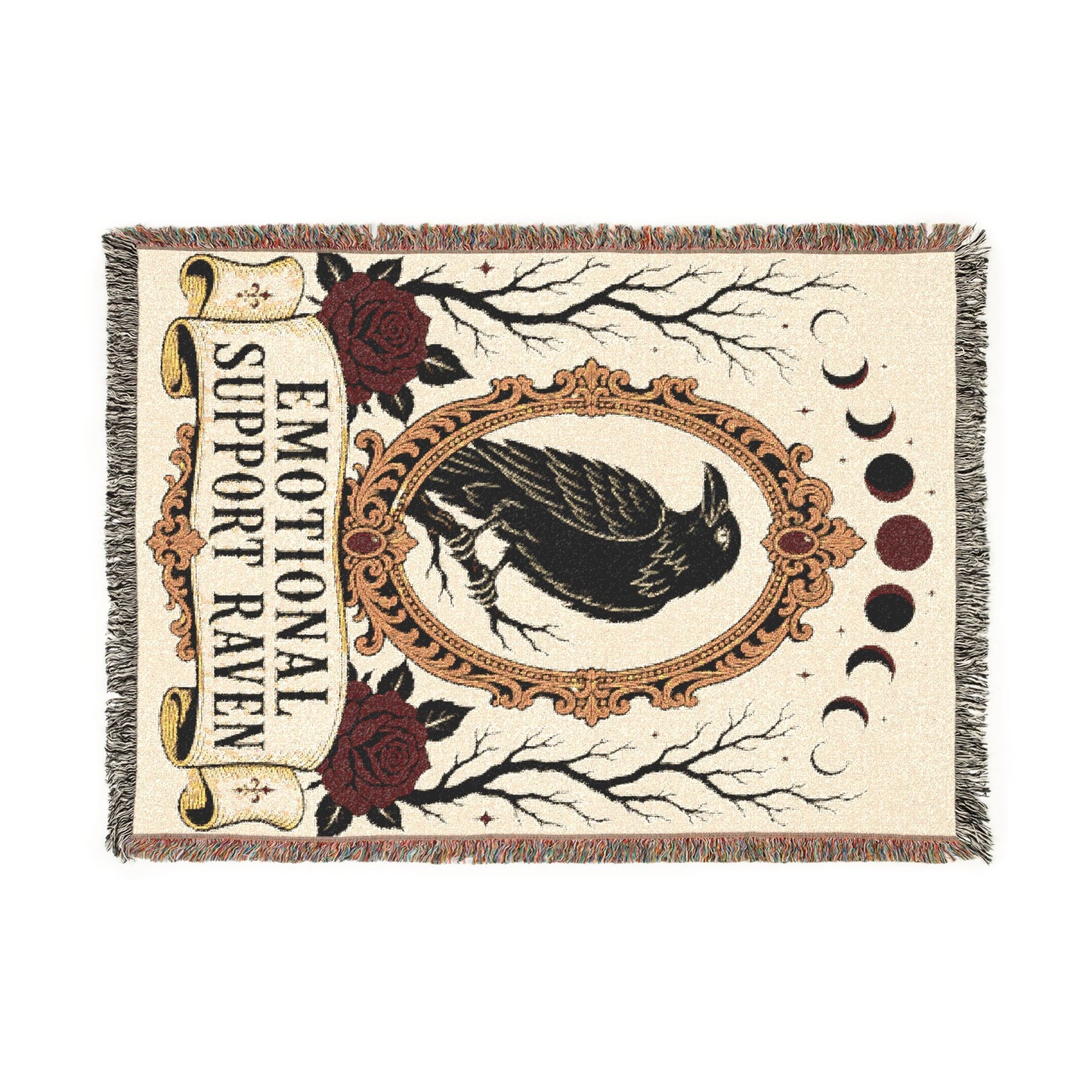 The "Emotional Support Raven" Woven Blanket | Gothic Tarot-Style Cotton Throw & Wall Tapestry