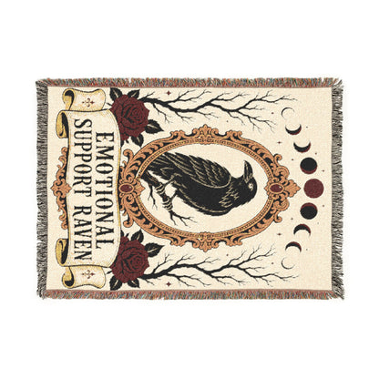 The "Emotional Support Raven" Woven Blanket | Gothic Tarot-Style Cotton Throw & Wall Tapestry
