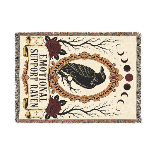 The "Emotional Support Raven" Woven Blanket | Gothic Tarot-Style Cotton Throw & Wall Tapestry