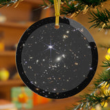 James Webb First Deep Field glass Christmas ornament hanging on a Christmas tree