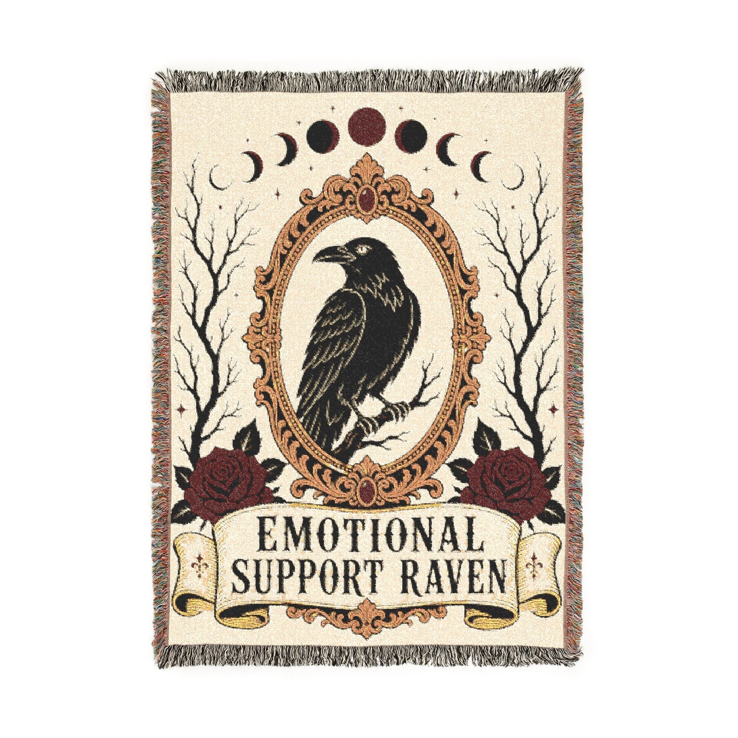 The "Emotional Support Raven" Woven Blanket | Gothic Tarot-Style Cotton Throw & Wall Tapestry