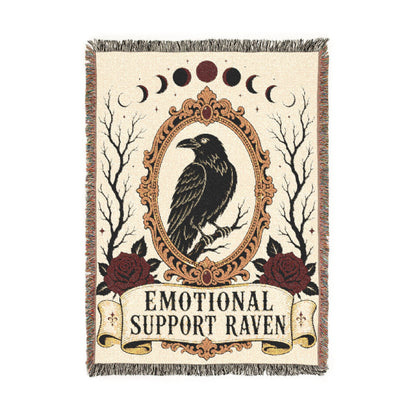 The "Emotional Support Raven" Woven Blanket | Gothic Tarot-Style Cotton Throw & Wall Tapestry