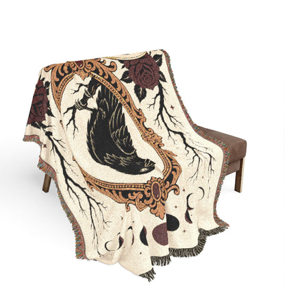 The "Emotional Support Raven" Woven Blanket | Gothic Tarot-Style Cotton Throw & Wall Tapestry