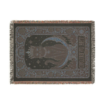 The "Overlord" Black Cat Tarot Woven Blanket | Gothic Cat Tapestry Throw, Card XIII