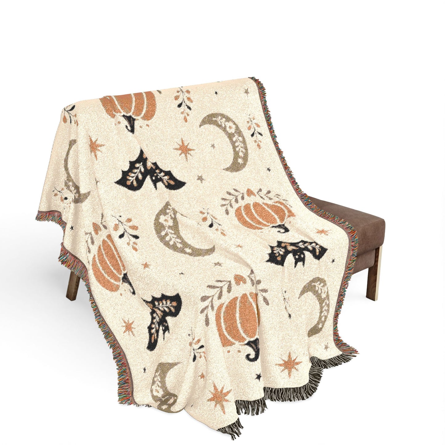The "Subtle Spooky" Neutral Halloween Woven Blanket | Boho Fall Throw, Beige Autumn Decor