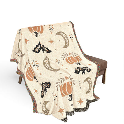 The "Subtle Spooky" Neutral Halloween Woven Blanket | Boho Fall Throw, Beige Autumn Decor