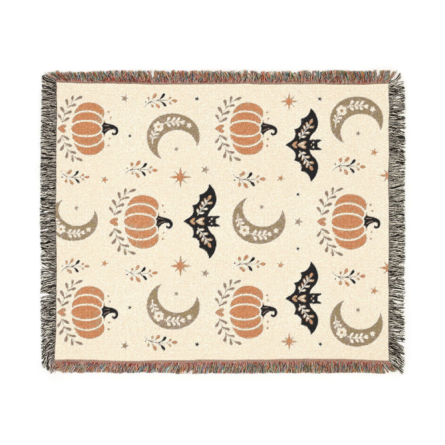 The "Subtle Spooky" Neutral Halloween Woven Blanket | Boho Fall Throw, Beige Autumn Decor