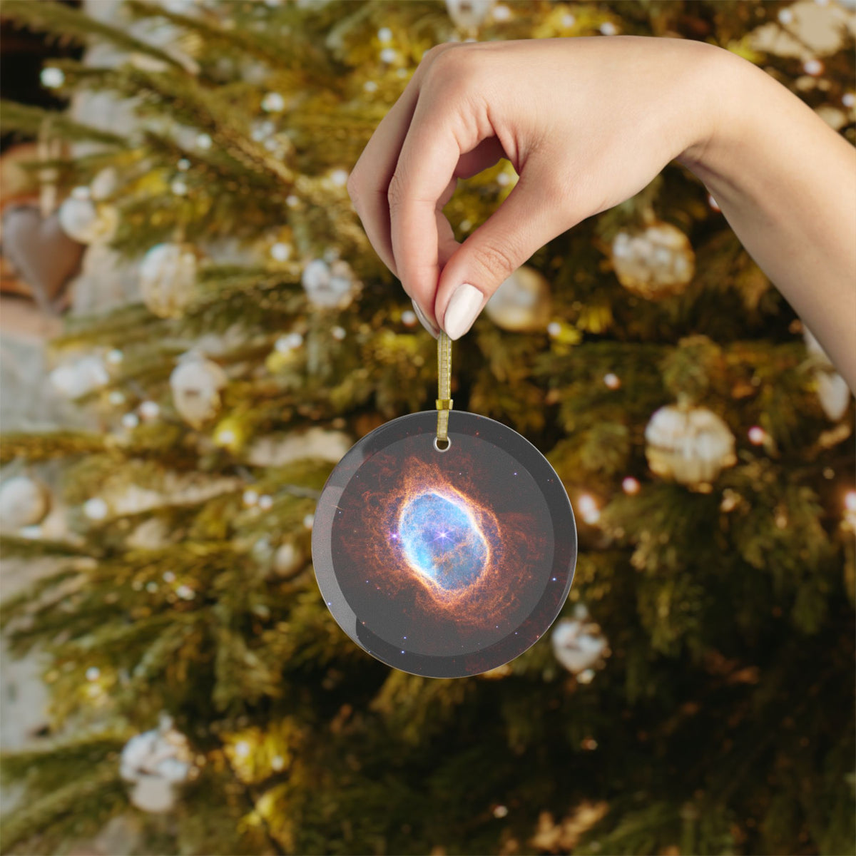 James Webb Southern Ring Nebula glass Christmas ornament, space telescope image (view 4)
