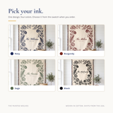 Four ink colors for the personalized family name woven blanket, navy burgundy sage and black