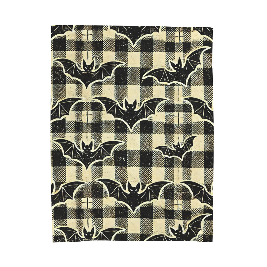 Bat plaid Halloween fleece blanket shown flat on white, full vintage bat and tartan repeat