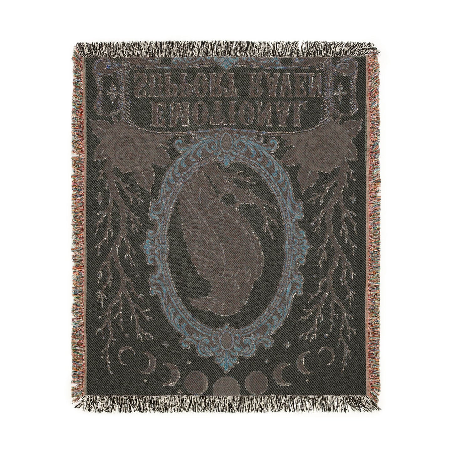 The "Emotional Support Raven" Woven Blanket | Gothic Tarot-Style Cotton Throw & Wall Tapestry