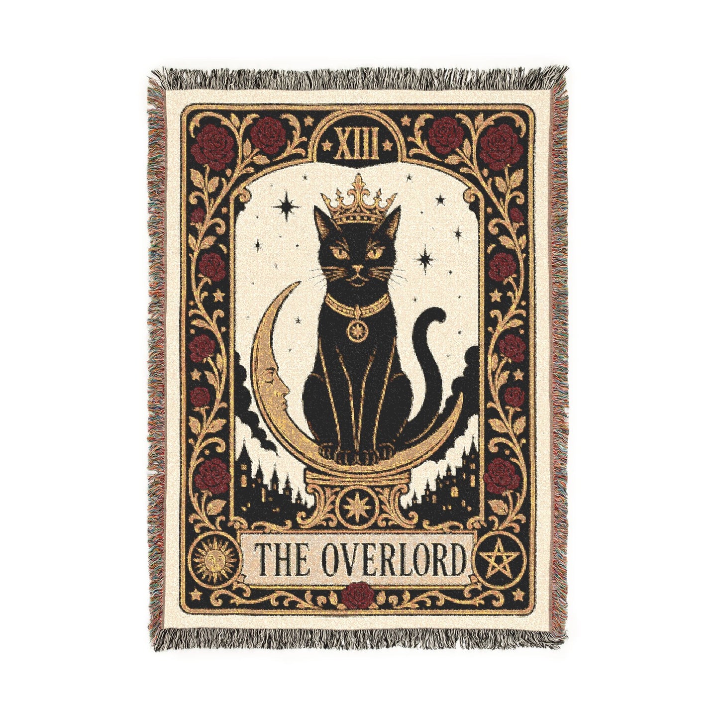 The "Overlord" Black Cat Tarot Woven Blanket | Gothic Cat Tapestry Throw, Card XIII