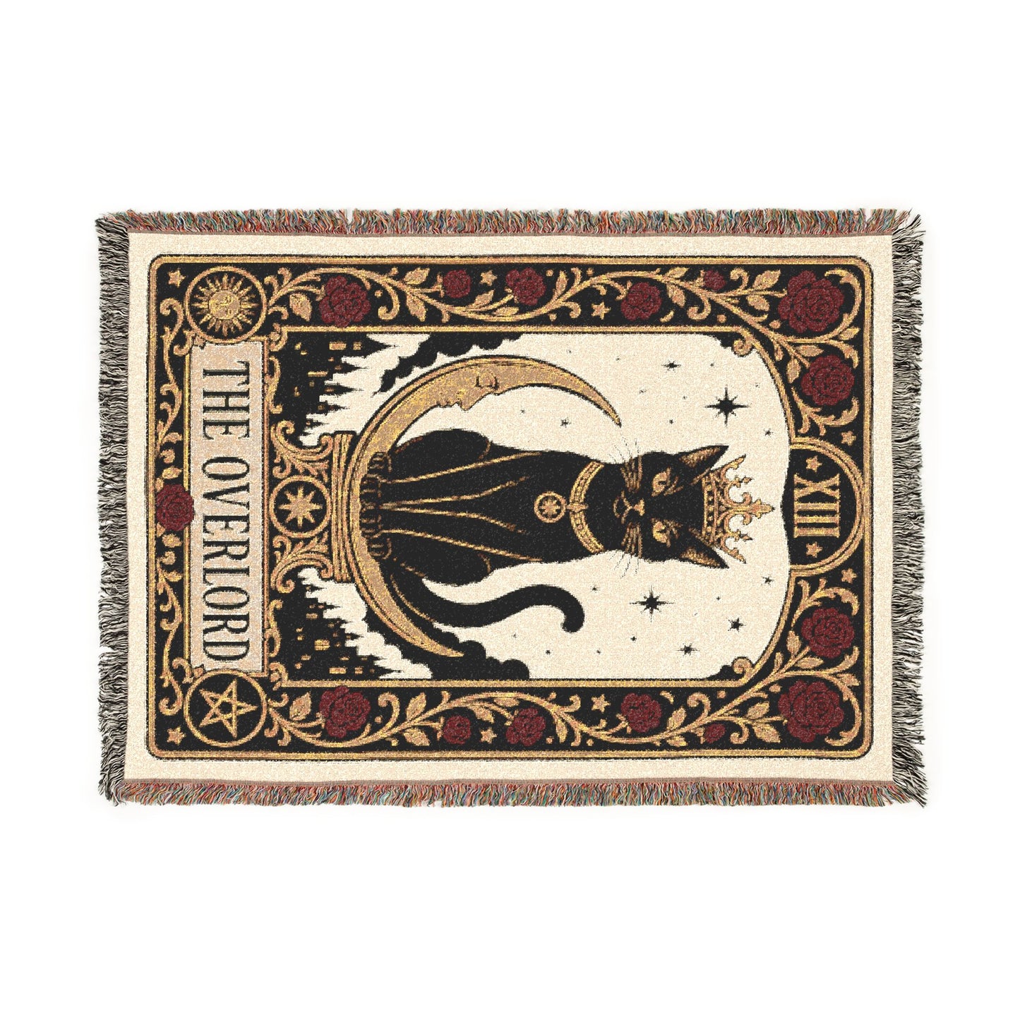 The "Overlord" Black Cat Tarot Woven Blanket | Gothic Cat Tapestry Throw, Card XIII