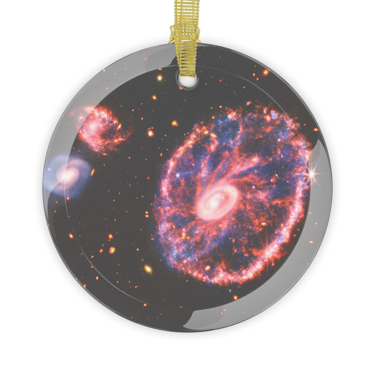 James Webb Cartwheel Galaxy glass Christmas ornament, space telescope image (view 1)