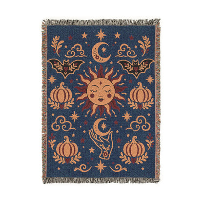 The "Cosmic Overcommitment" Whimsigoth Celestial Woven Blanket | Sun & Moon Tapestry Throw