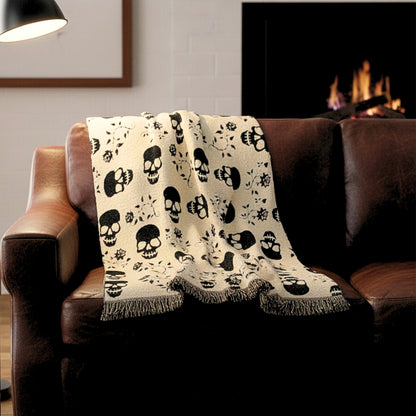 Black Skull & Roses Woven Blanket