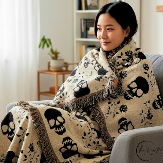 Black Skull & Roses Woven Blanket