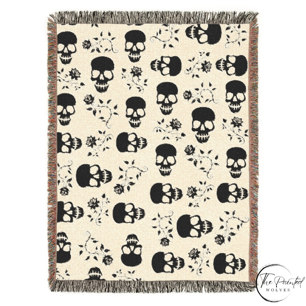 Black Skull & Roses Woven Blanket