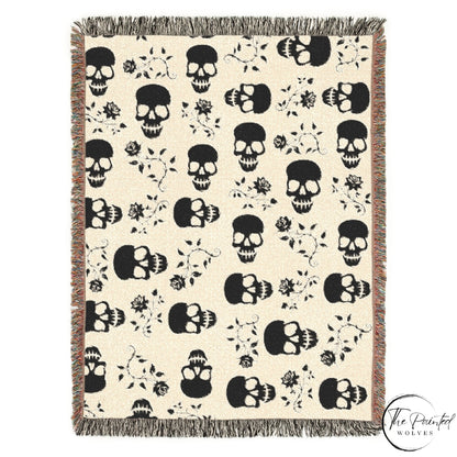 Black Skull & Roses Woven Blanket