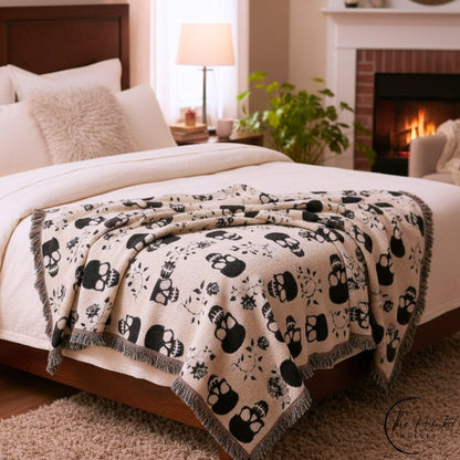 Black Skull & Roses Woven Blanket