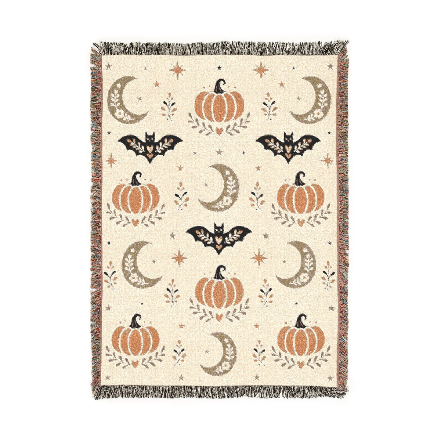 The "Subtle Spooky" Neutral Halloween Woven Blanket | Boho Fall Throw, Beige Autumn Decor