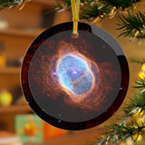 James Webb Southern Ring Nebula glass Christmas ornament hanging on a Christmas tree