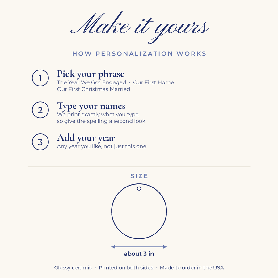 How personalization works and size guide, round ornament about 3 inches, printed on both sides