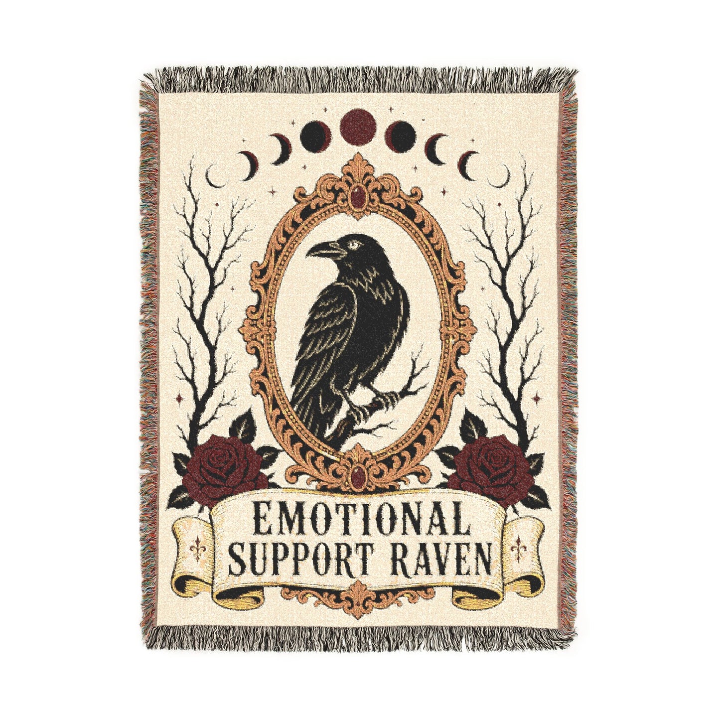 The "Emotional Support Raven" Woven Blanket | Gothic Tarot-Style Cotton Throw & Wall Tapestry