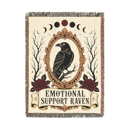 The "Emotional Support Raven" Woven Blanket | Gothic Tarot-Style Cotton Throw & Wall Tapestry