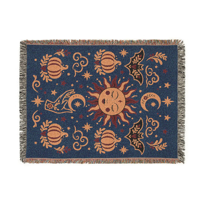 The "Cosmic Overcommitment" Whimsigoth Celestial Woven Blanket | Sun & Moon Tapestry Throw