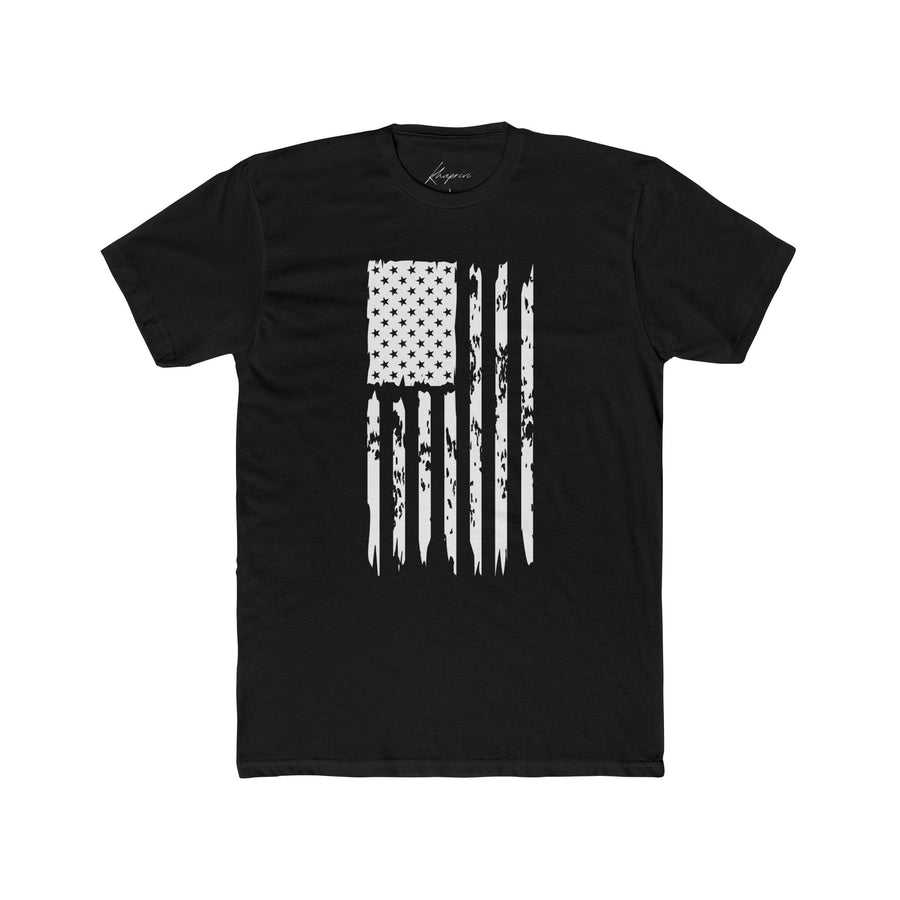 Distressed USA flag tee in solid black, flat on white