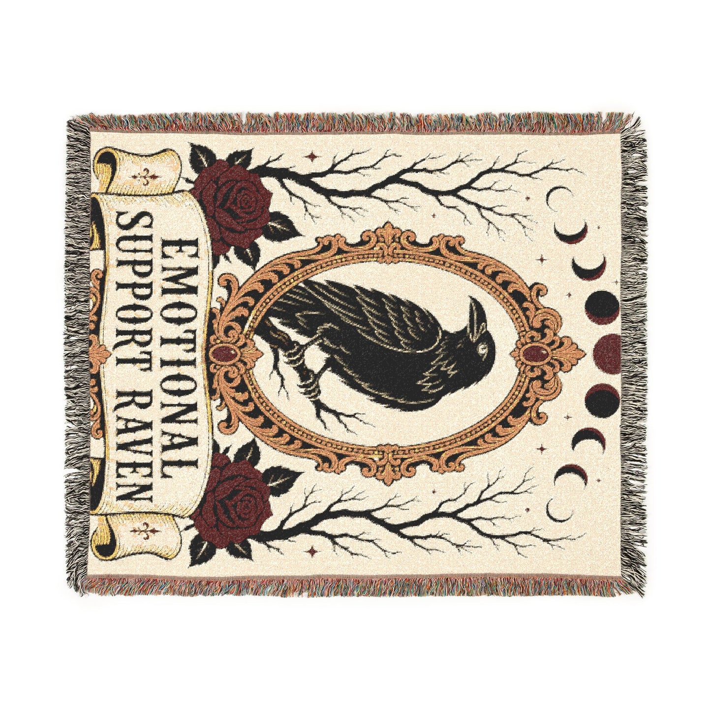 The "Emotional Support Raven" Woven Blanket | Gothic Tarot-Style Cotton Throw & Wall Tapestry