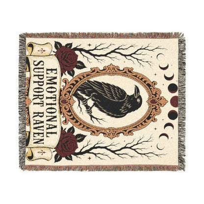 The "Emotional Support Raven" Woven Blanket | Gothic Tarot-Style Cotton Throw & Wall Tapestry