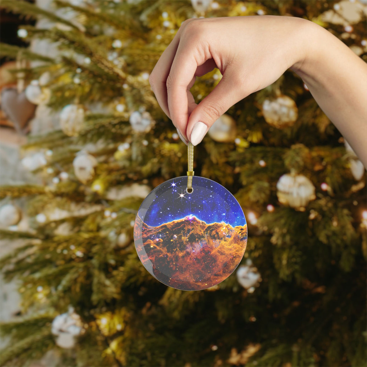 James Webb Carina Nebula Cosmic Cliffs glass Christmas ornament, space telescope image (view 4)