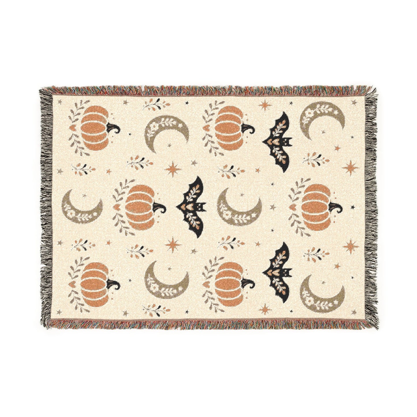 The "Subtle Spooky" Neutral Halloween Woven Blanket | Boho Fall Throw, Beige Autumn Decor