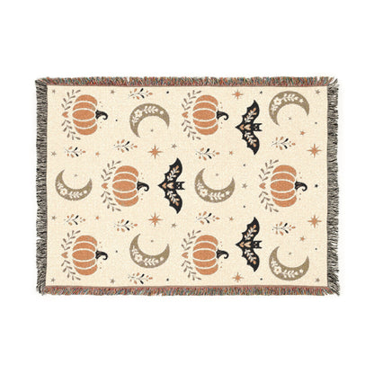 The "Subtle Spooky" Neutral Halloween Woven Blanket | Boho Fall Throw, Beige Autumn Decor