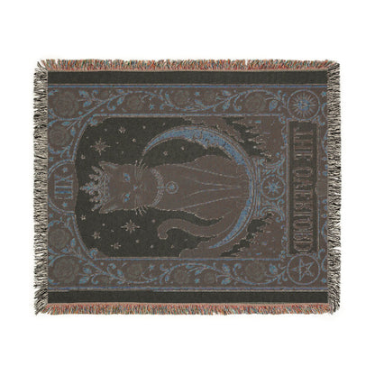 The "Overlord" Black Cat Tarot Woven Blanket | Gothic Cat Tapestry Throw, Card XIII