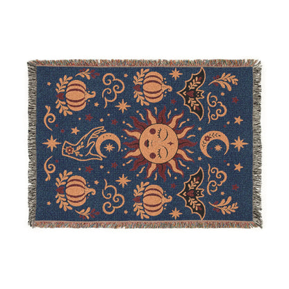 The "Cosmic Overcommitment" Whimsigoth Celestial Woven Blanket | Sun & Moon Tapestry Throw