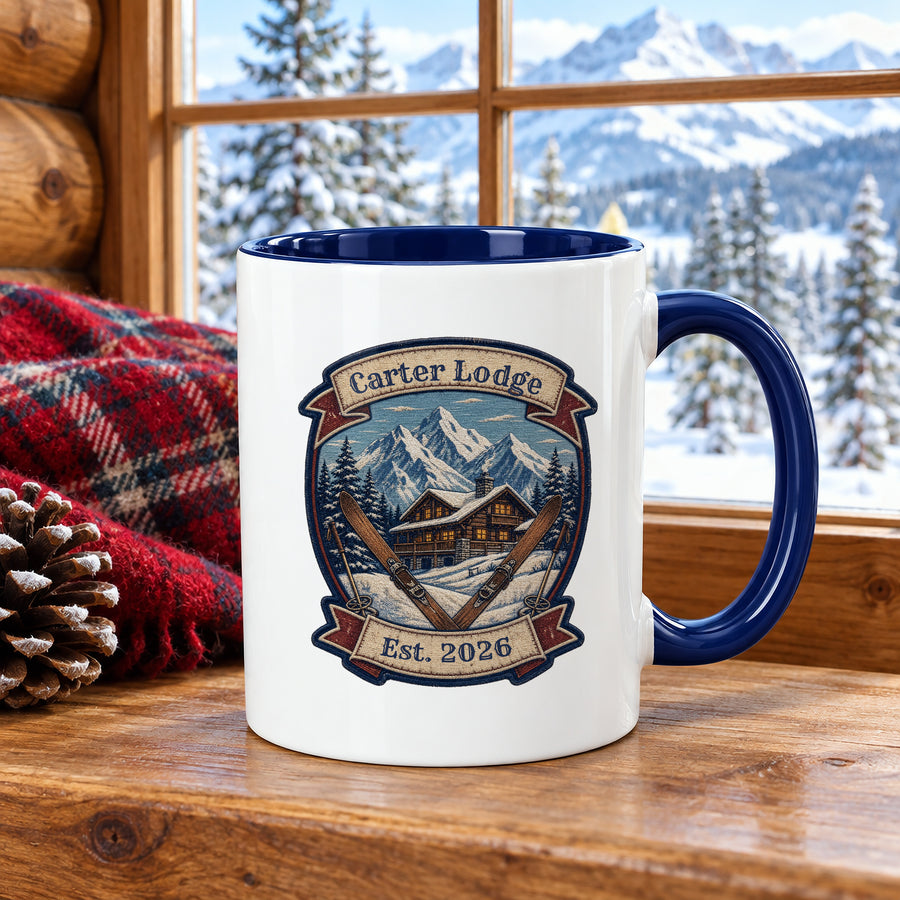 Personalized Ski Lodge Mug, Family Last Name Est Year Mug