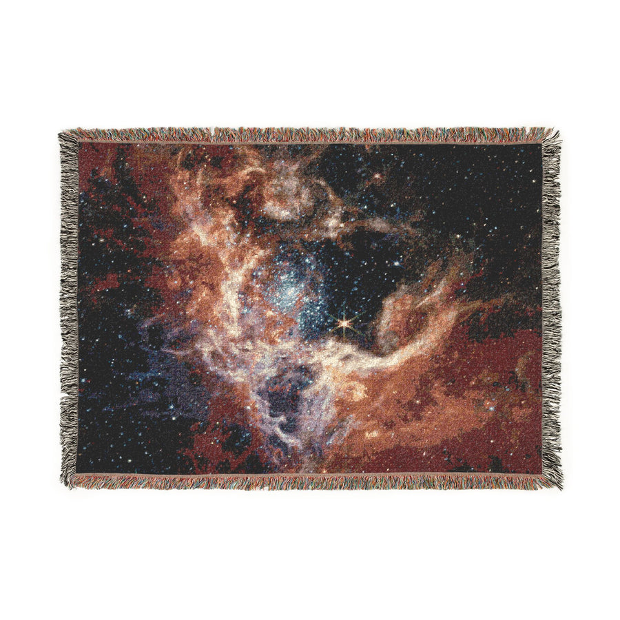 Tarantula Nebula woven blanket shown flat, deep space telescope image in cotton jacquard