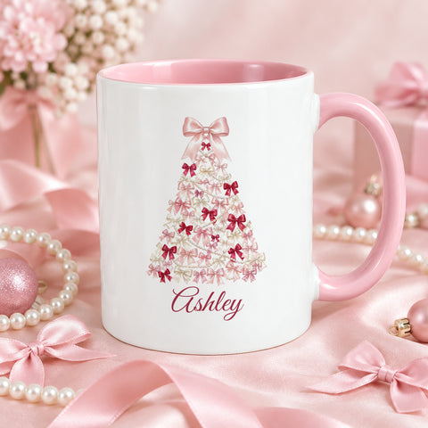 Coquette Bow Christmas Tree Mug, Personalized Name Mug
