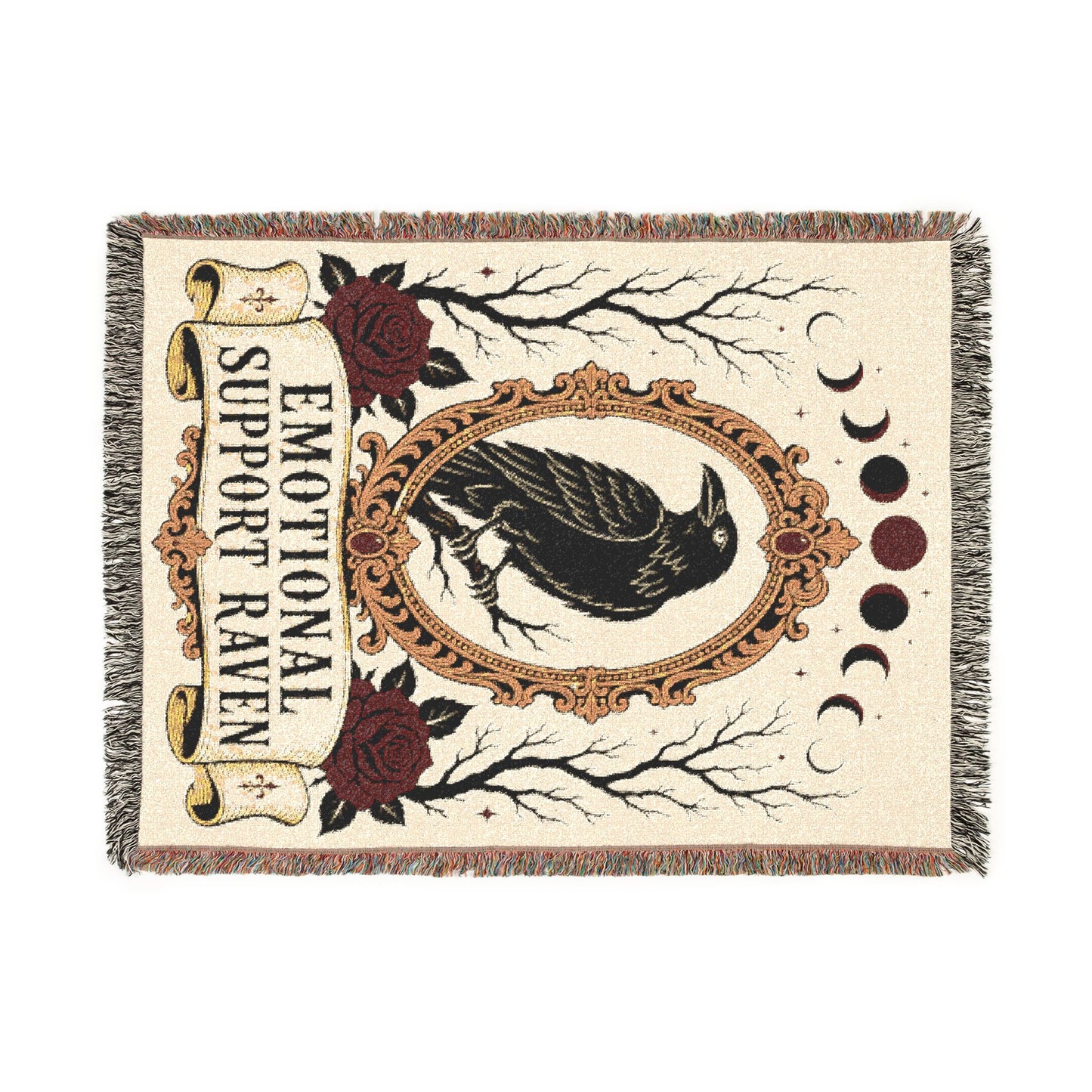 The "Emotional Support Raven" Woven Blanket | Gothic Tarot-Style Cotton Throw & Wall Tapestry