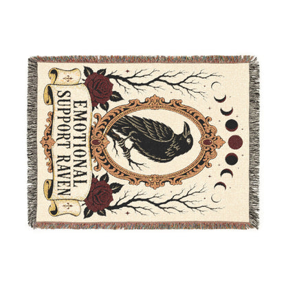 The "Emotional Support Raven" Woven Blanket | Gothic Tarot-Style Cotton Throw & Wall Tapestry