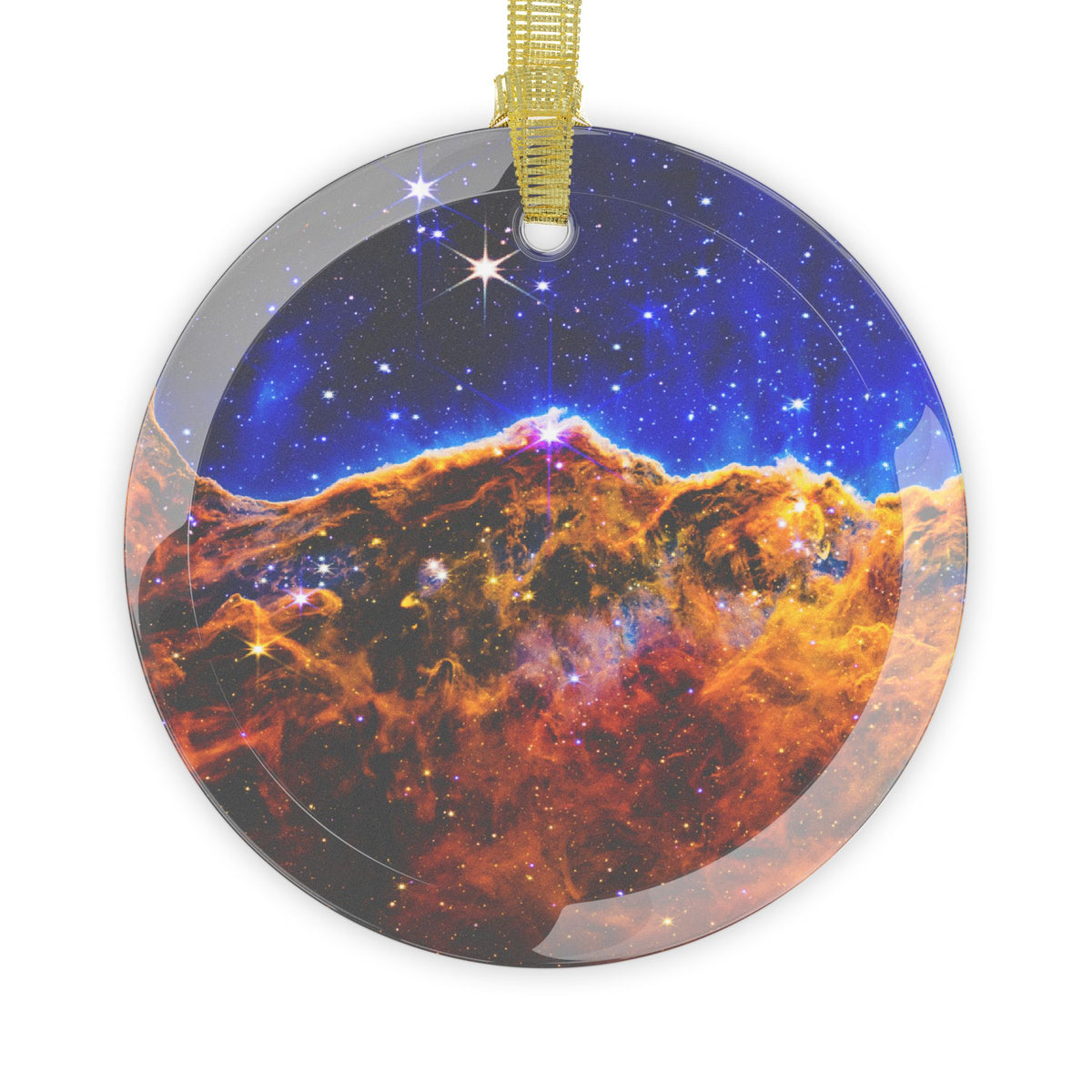 James Webb Carina Nebula Cosmic Cliffs glass Christmas ornament, space telescope image (view 1)