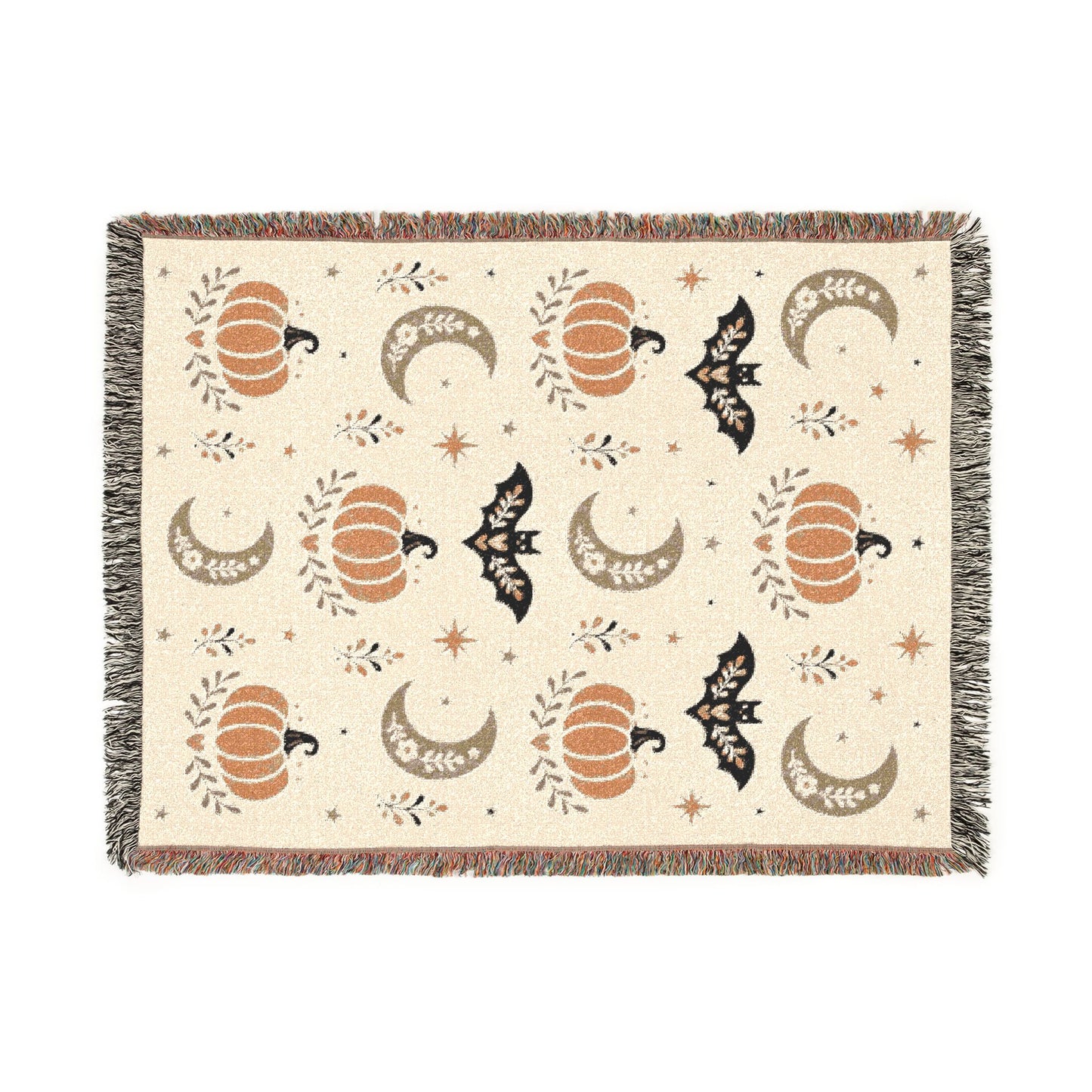 The "Subtle Spooky" Neutral Halloween Woven Blanket | Boho Fall Throw, Beige Autumn Decor