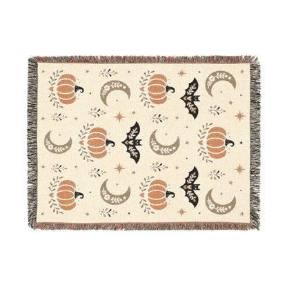 The "Subtle Spooky" Neutral Halloween Woven Blanket | Boho Fall Throw, Beige Autumn Decor