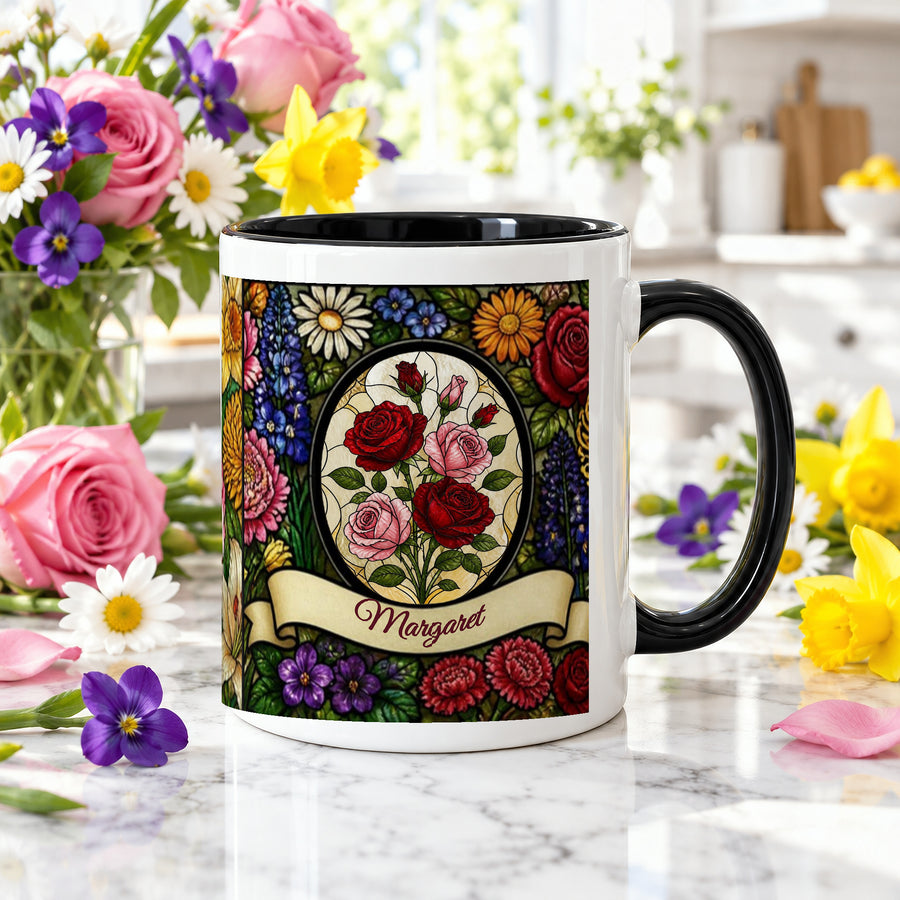 Stained Glass Birth Flower Mug, Personalized Name Mug